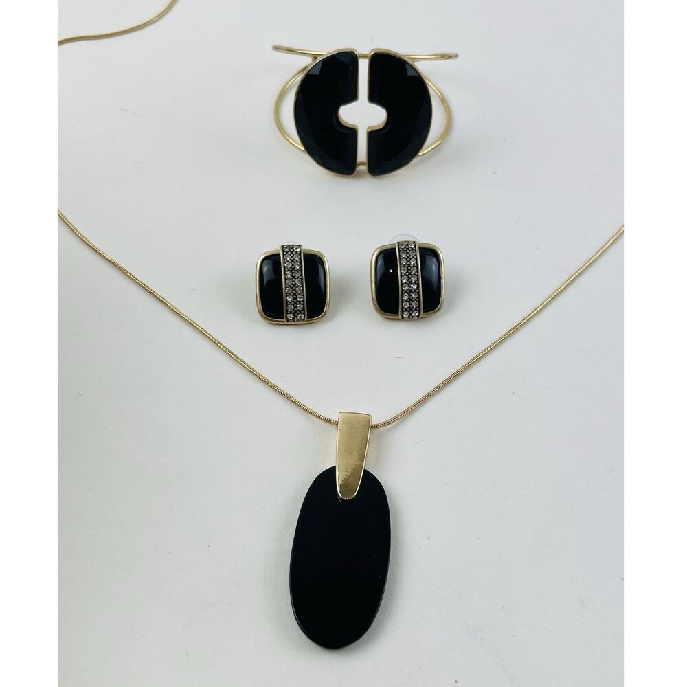 Costume Jewelry Set Black Gold tone 80s Elegant Earrings Necklace Cuff Bracelet